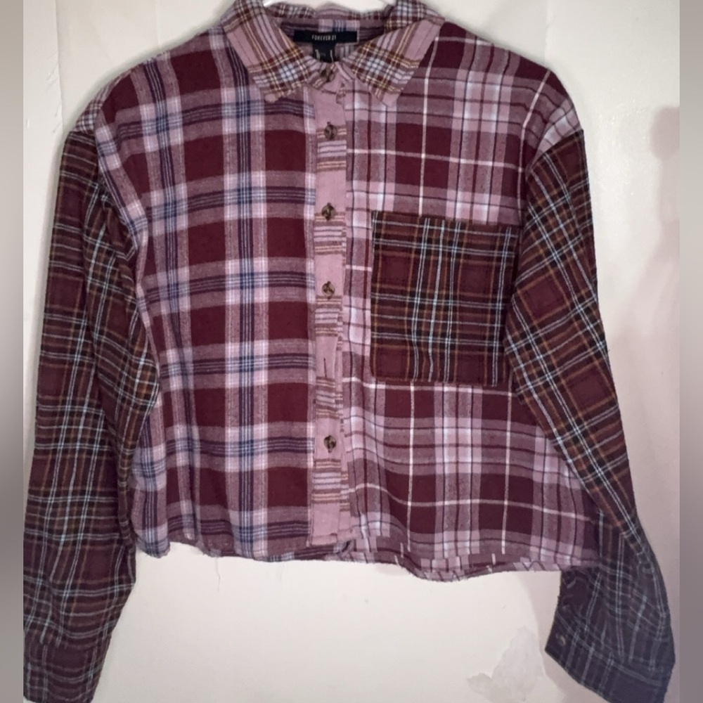 Forever 21 Women’s Burgundy Plaid Patchwork Cropped Long Sleeve Shirt